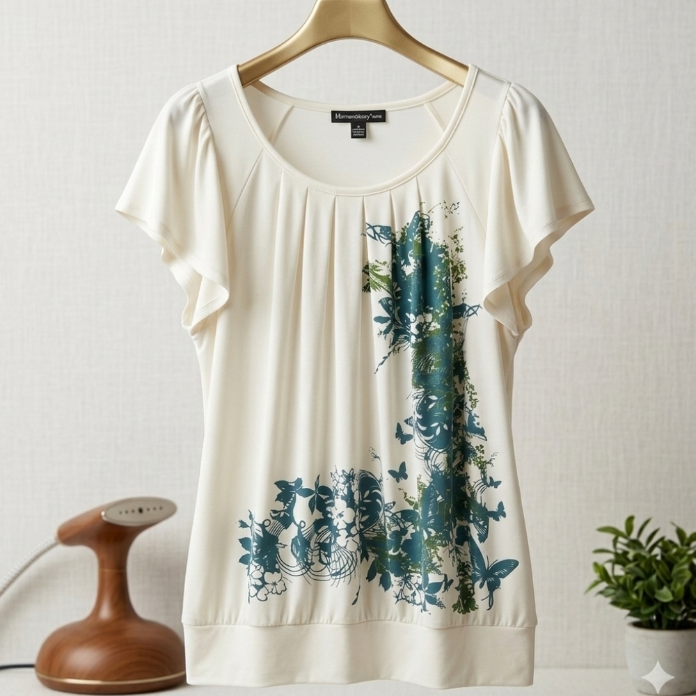 Revolution by Ricki's XXL White Butterfly Print Flutter Sleeve Pleated Top Tee